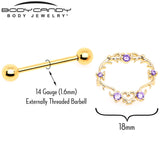 14G 9/16 Purple CZ Gem Gold Tone Heart Filigree Nipple Shield Set