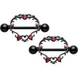 14G 9/16 Red CZ Gem Black Leafy Heart Nipple Shield Set