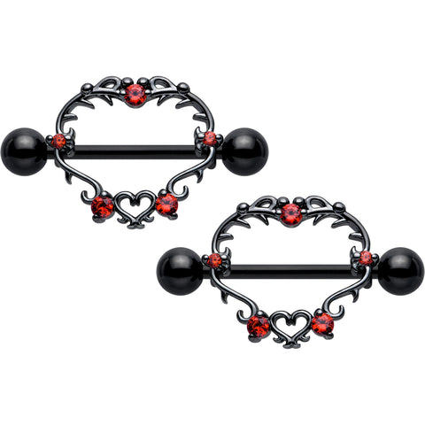 14G 9/16 Red CZ Gem Black Leafy Heart Nipple Shield Set