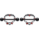 14G 9/16 Red CZ Gem Black Leafy Heart Nipple Shield Set