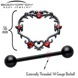 14G 9/16 Red CZ Gem Black Leafy Heart Nipple Shield Set