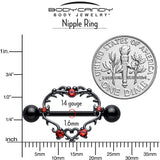 14G 9/16 Red CZ Gem Black Leafy Heart Nipple Shield Set