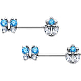 14G 9/16 Blue CZ Gem Butterfly Fantasy Barbell Nipple Ring Set