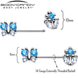 14G 9/16 Blue CZ Gem Butterfly Fantasy Barbell Nipple Ring Set