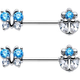 14G 9/16 Blue CZ Gem Butterfly Fantasy Barbell Nipple Ring Set