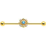 14G Blue CZ Gem Gold Tone Flower Ring Industrial Barbell 38mm