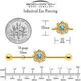 14G Blue CZ Gem Gold Tone Flower Ring Industrial Barbell 38mm