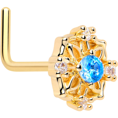 20G 7mm Blue CZ Gem Gold Tone Flower Ring L Shape Nose Ring