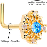 20G 7mm Blue CZ Gem Gold Tone Flower Ring L Shape Nose Ring