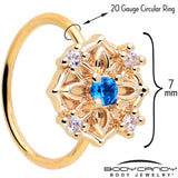 20G 5/16 Blue CZ Gem Gold Tone Flower Ring Nose Hoop