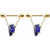14G 9/16 Blue Gem Gold Tone Sky Owl Chain Dangle Nipple Ring Set