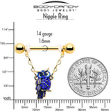 14G 9/16 Blue Gem Gold Tone Sky Owl Chain Dangle Nipple Ring Set