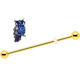 14G Blue Gem Gold Tone Sky Owl Industrial Barbell 38mm