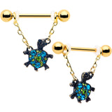 14G 9/16 Blue Gem Gold Hue Sweet Sea Turtle Dangle Nipple Ring Set