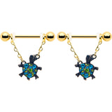 14G 9/16 Blue Gem Gold Hue Sweet Sea Turtle Dangle Nipple Ring Set