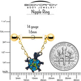 14G 9/16 Blue Gem Gold Hue Sweet Sea Turtle Dangle Nipple Ring Set
