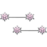 14G 9/16 Pink CZ Gem Snowflake Glam Barbell Nipple Ring Set