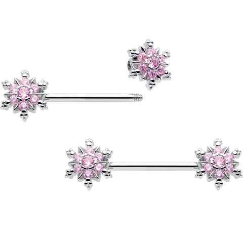 14G 9/16 Pink CZ Gem Snowflake Glam Barbell Nipple Ring Set