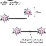 14G 9/16 Pink CZ Gem Snowflake Glam Barbell Nipple Ring Set