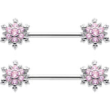 14G 9/16 Pink CZ Gem Snowflake Glam Barbell Nipple Ring Set