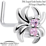 20G 7mm Pink CZ Gem Sleek Spider L Shape Nose Ring
