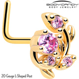 20G 7mm Pink Gem Gold Tone Twining Vine L Shape Nose Ring