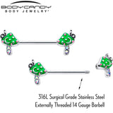 14G 9/16 Aurora Gem Fanciful Green Mushroom Barbell Nipple Ring Set