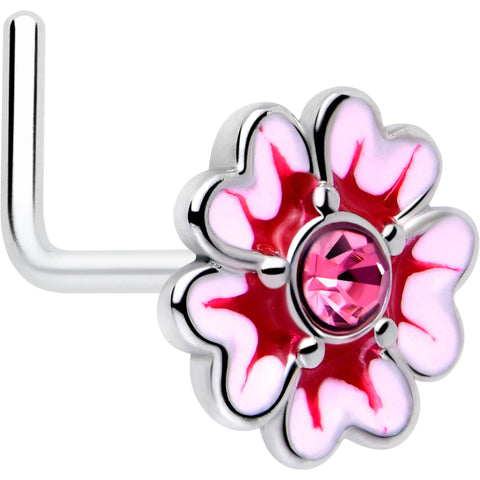 20G 5/16 Pink CZ Gem Dainty Pink Flower L Shape Nose Ring