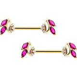14G 9/16 Red CZ Gem Gold Tone Swirl Fan Barbell Nipple Ring Set