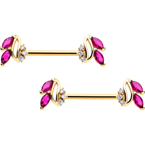 14G 9/16 Red CZ Gem Gold Tone Swirl Fan Barbell Nipple Ring Set
