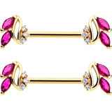 14G 9/16 Red CZ Gem Gold Tone Swirl Fan Barbell Nipple Ring Set