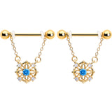 14G 9/16 Blue CZ Gem Gold Tone Flower Ring Dangle Nipple Ring Set