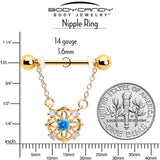 14G 9/16 Blue CZ Gem Gold Tone Flower Ring Dangle Nipple Ring Set
