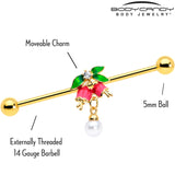 14G Clear CZ Gem Gold Tone Bell Flower Industrial Barbell 38mm