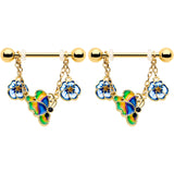 14G 9/16 Yellow Gem Gold Tone Butterfly Colors Dangle Nipple Ring Set
