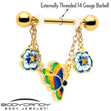 14G 9/16 Yellow Gem Gold Tone Butterfly Colors Dangle Nipple Ring Set