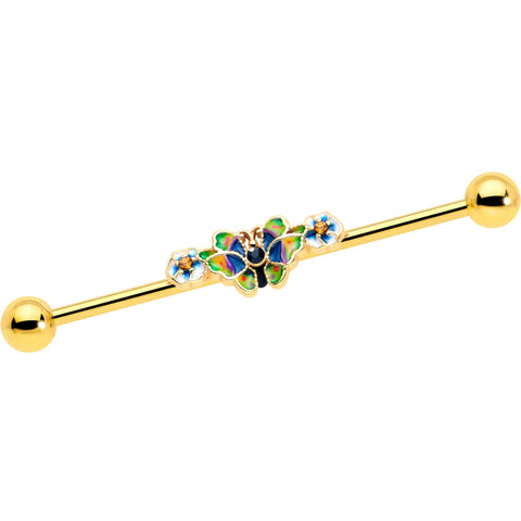 14G Blue Gem Gold Tone Butterfly Colors Industrial Barbell 38mm