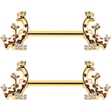 14G 9/16 Clear CZ Gem Gold Tone Mom Baby Giraffes Nipple Ring Set