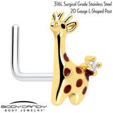 20G 7mm Clear CZ Gem Golden Giraffe L Shape Nose Ring