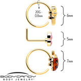 20G Clear Gem Gold Tone Lotus Ladybug L Shape Nose Hoop Set of 3