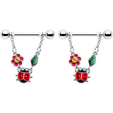14G 9/16 Ladybug Hippie Flower Chain Dangle Nipple Ring Set