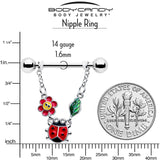 14G 9/16 Ladybug Hippie Flower Chain Dangle Nipple Ring Set