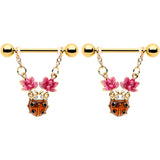 14G 9/16 Clear Gem Gold Tone ladybug Lotus Dangle Nipple Ring Set