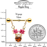 14G 9/16 Clear Gem Gold Tone ladybug Lotus Dangle Nipple Ring Set
