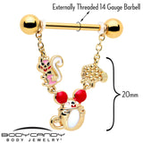 14G 9/16 Gold Tone Mouse Sheep Squirrel Dangle Nipple Ring Set