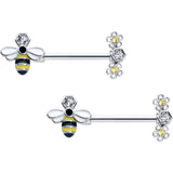 14G 9/16 Yellow Clear CZ Gem Flower Bee Barbell Nipple Ring Set