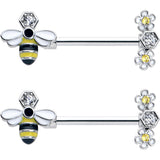 14G 9/16 Yellow Clear CZ Gem Flower Bee Barbell Nipple Ring Set