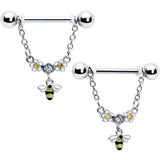 14G 9/16 Yellow CZ Gem Flower Bee Chain Dangle Nipple Ring Set