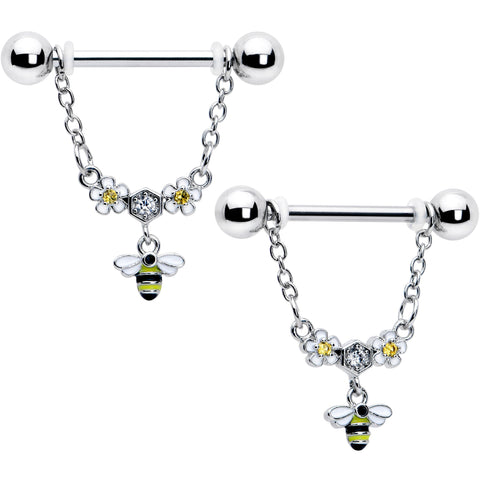 14G 9/16 Yellow CZ Gem Flower Bee Chain Dangle Nipple Ring Set