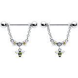 14G 9/16 Yellow CZ Gem Flower Bee Chain Dangle Nipple Ring Set